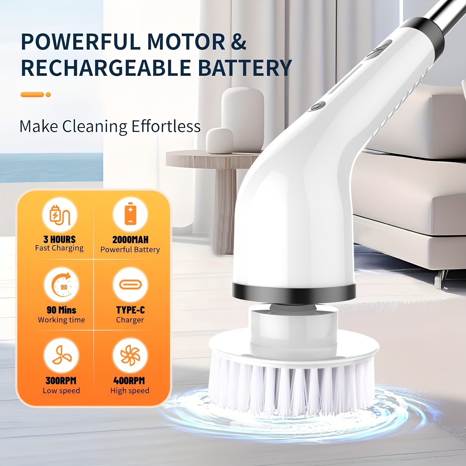 2026 electric spin scrubber dual adjustable   cordless adjustable detachable handle 8 replaceable brush heads up to 300 400rpm for floor bathroom tub tile Product details 5