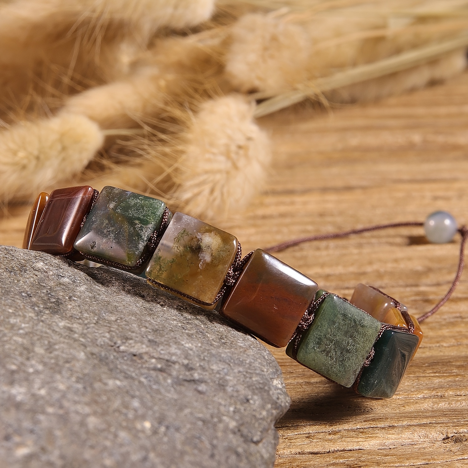Natural Stone 1pc Women'S Hand-Woven Bracelet - Natural Square Indian Agate Stones, Boho-Chic Accessory for Daily Wear Gifting