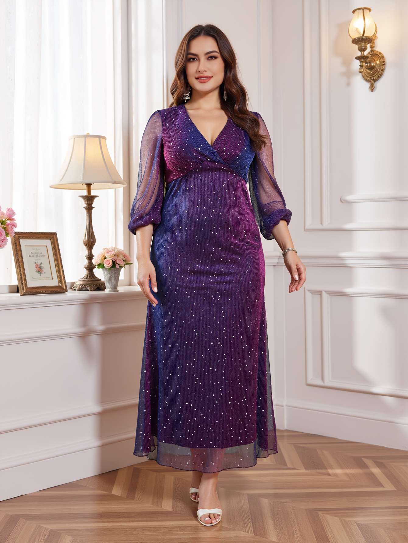 strapless open back dress Flowy Plus Size Split Ruffles Sleeves V-neck A-Line Chiffon Bridesmaid Dress