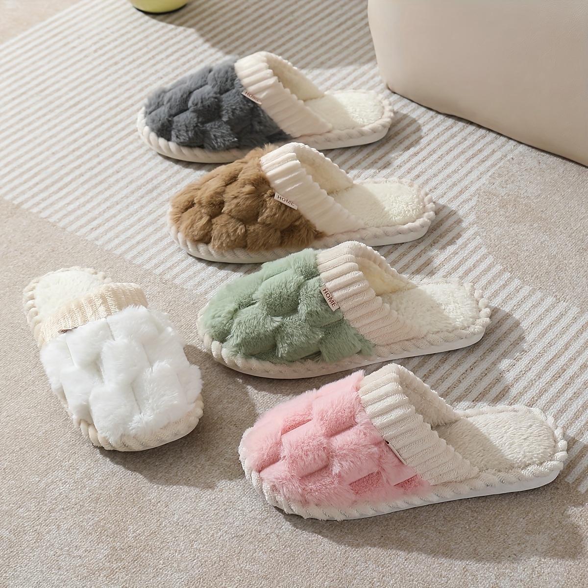 

Winter Slippers For Women And Men, Solid Color Fluffy Cotton Plush Slides With Fabric Upper, Inner & Insole, Pvc Sole, Non-washable - Cixi Footwear