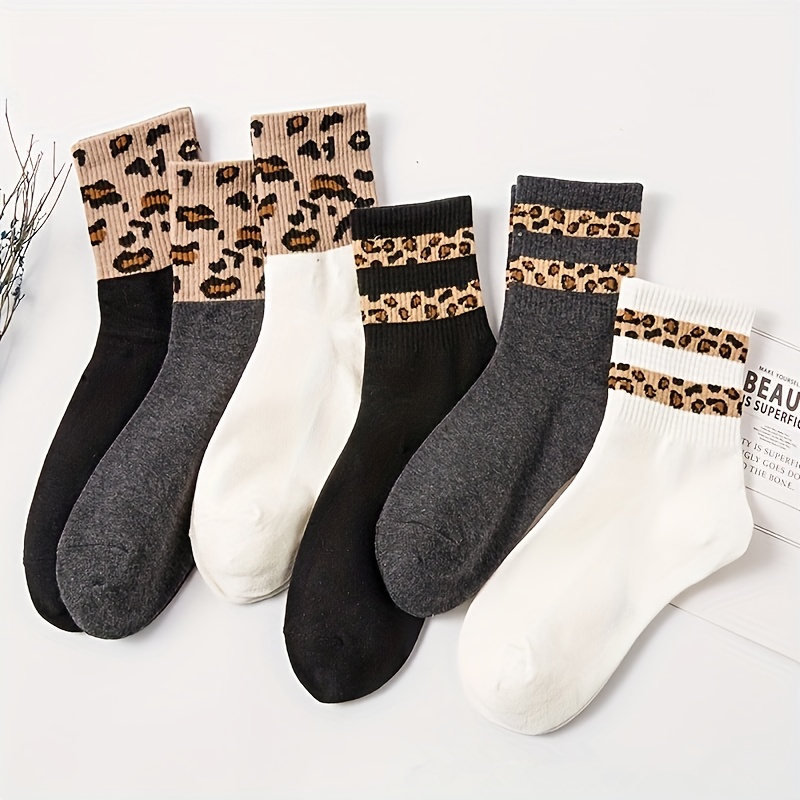 

6/9pcs Elegant Leopard Print Mid-calf Socks For Women - Breathable & Warm, Fall/winter