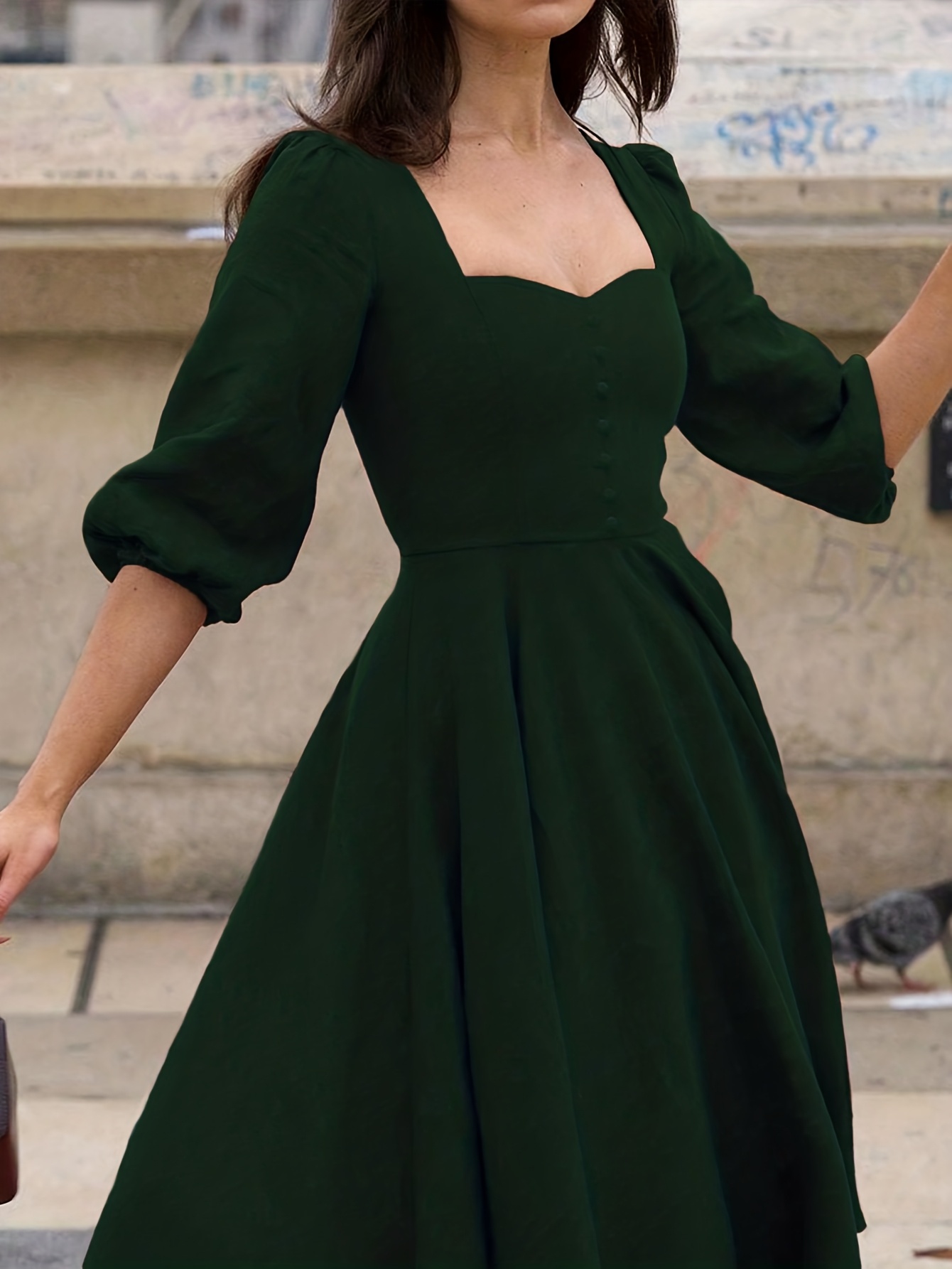 solid color puff sleeve dress heart shaped neckline three - Temu Republic  of Korea