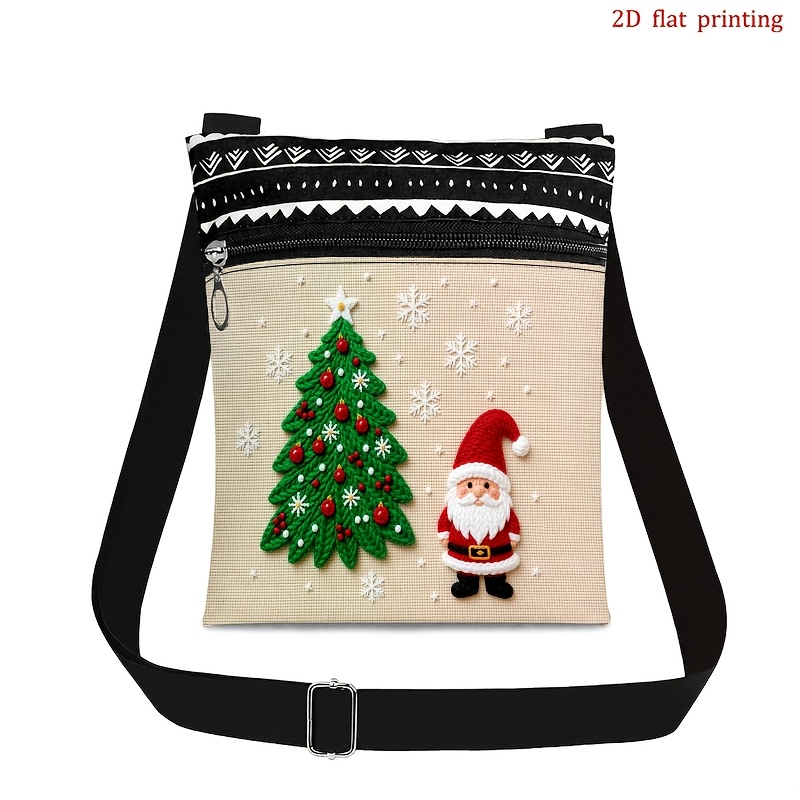 TEMU 2d Flat Crossbody Bag Suitable For Men And Women, Adjustable Shoulder Strap And Zipper Closure, Knitted-look Christmas Tree & Santa Print