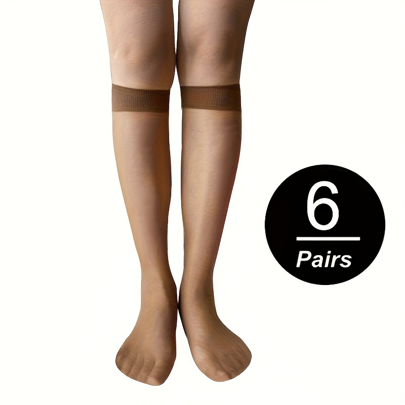 

6 Pairs Nylon Trouser Socks, Sheer Knee High Stockings For Women