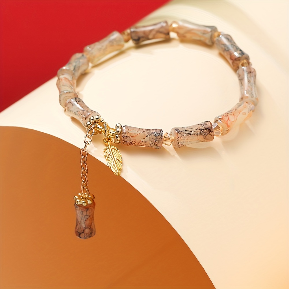 Glass Bamboo Bead Bracelet with Charm Pendant - No Plating