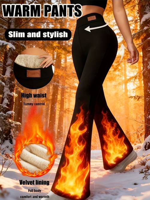 womens casual everyday versatile fit fleece lined high waisted flared pants elastic waistband black winter