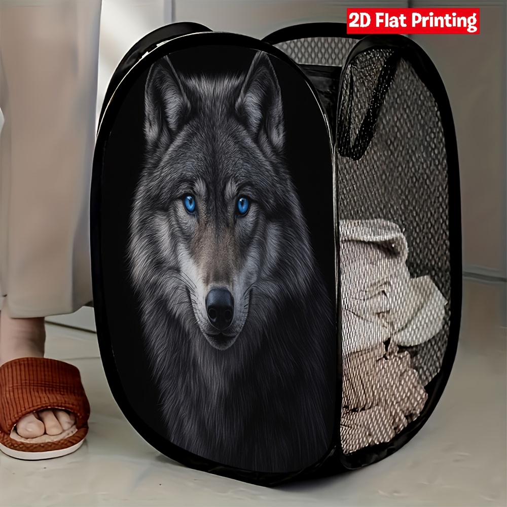 TEMU 1pc Wolf Black Background Mesh Pop-up Laundry Hamper Durable Storage Solution For Home Organization And Daily Use