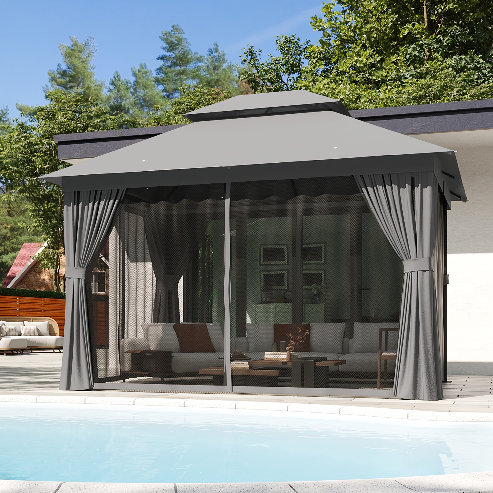TEMU 10'x12'/10'x10'/8'x8' Outdoor Gazebo & Pergola For Patio - Double Roof Steel Canopy With Net And Privacy Screen, Heavy Duty Party Tent Shelter