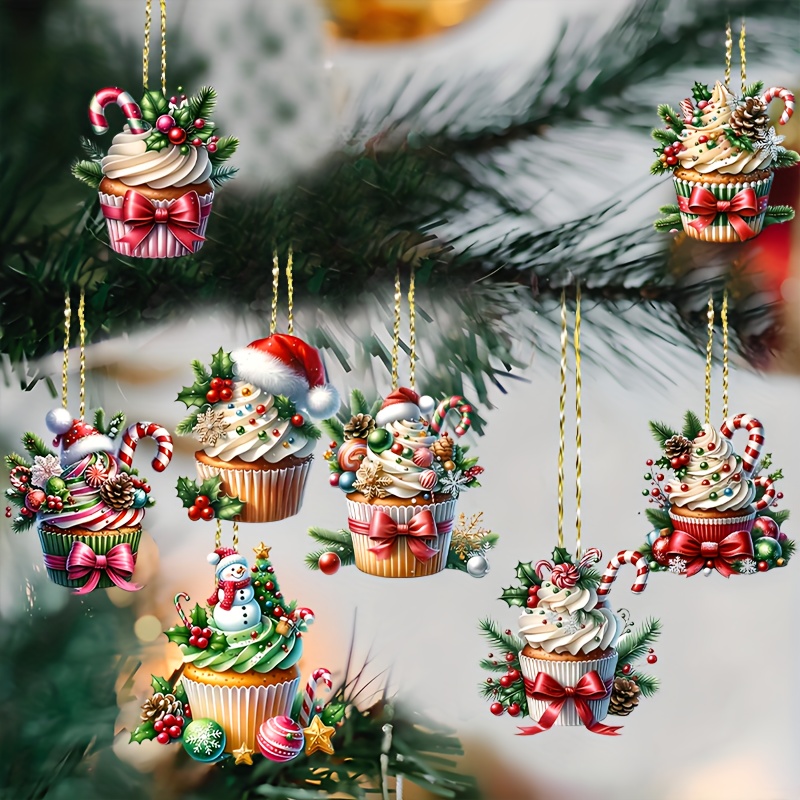 

8pcs Acrylic Christmas Cupcake Ornaments - Non-electric, Featherless Holiday Hanging Decorations For Home, Office, Car, And Party Celebrations