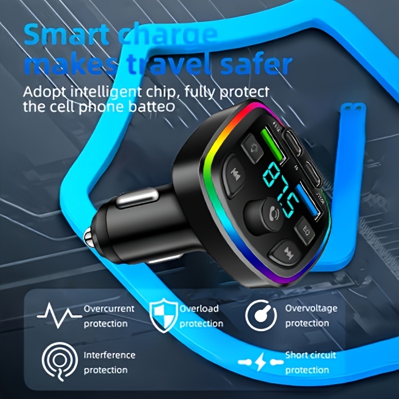 Draadloze Autolader voor Alle Smartphones met FM-Zender, USB/Type-C Snelladen, Handsfree Bellen, Aansteker Voeding, ABS Aansteker Insteek (Geen Batterij) - Smartphone Compatibiliteit, Dubbele USB & Type-C Poorten