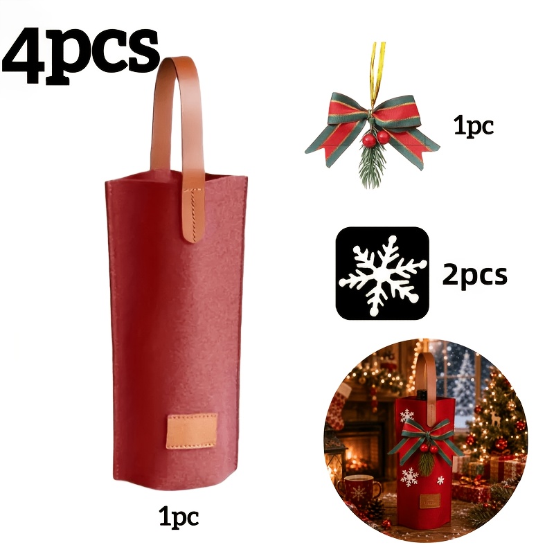 TEMU 4 pezzi (1 sacchetto per vino e 1 decorazione a e 2 pezzi a forma di di ) Sacchetto regalo per bottiglia natalizio, sacchetto riutilizzabile per