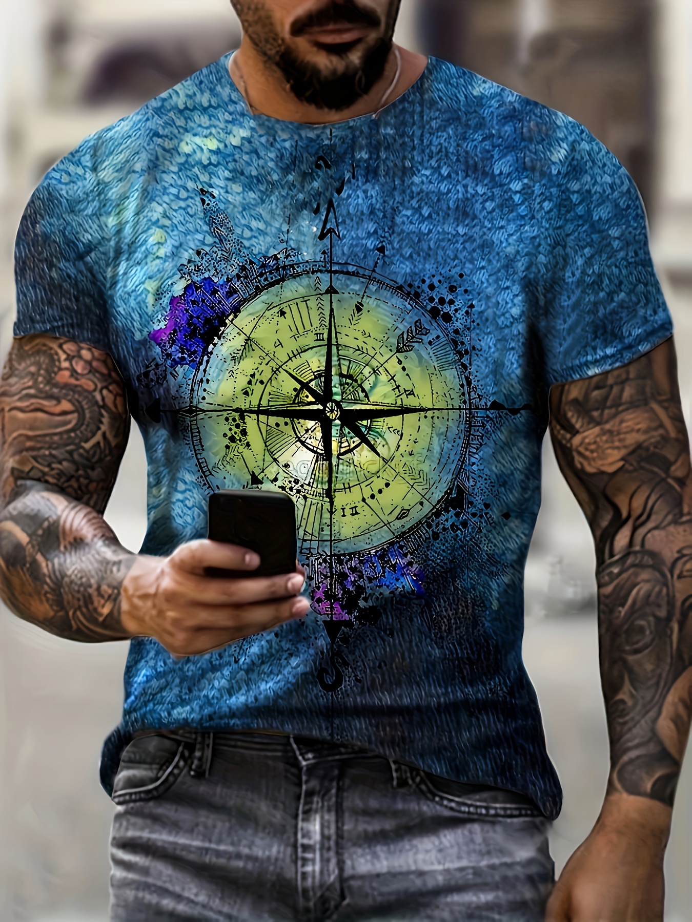 Men's Short Sleeve Crewneck T-Shirt Vintage Retro Compass North South East  West Sailing Shirts Casual Slim Fit Tops