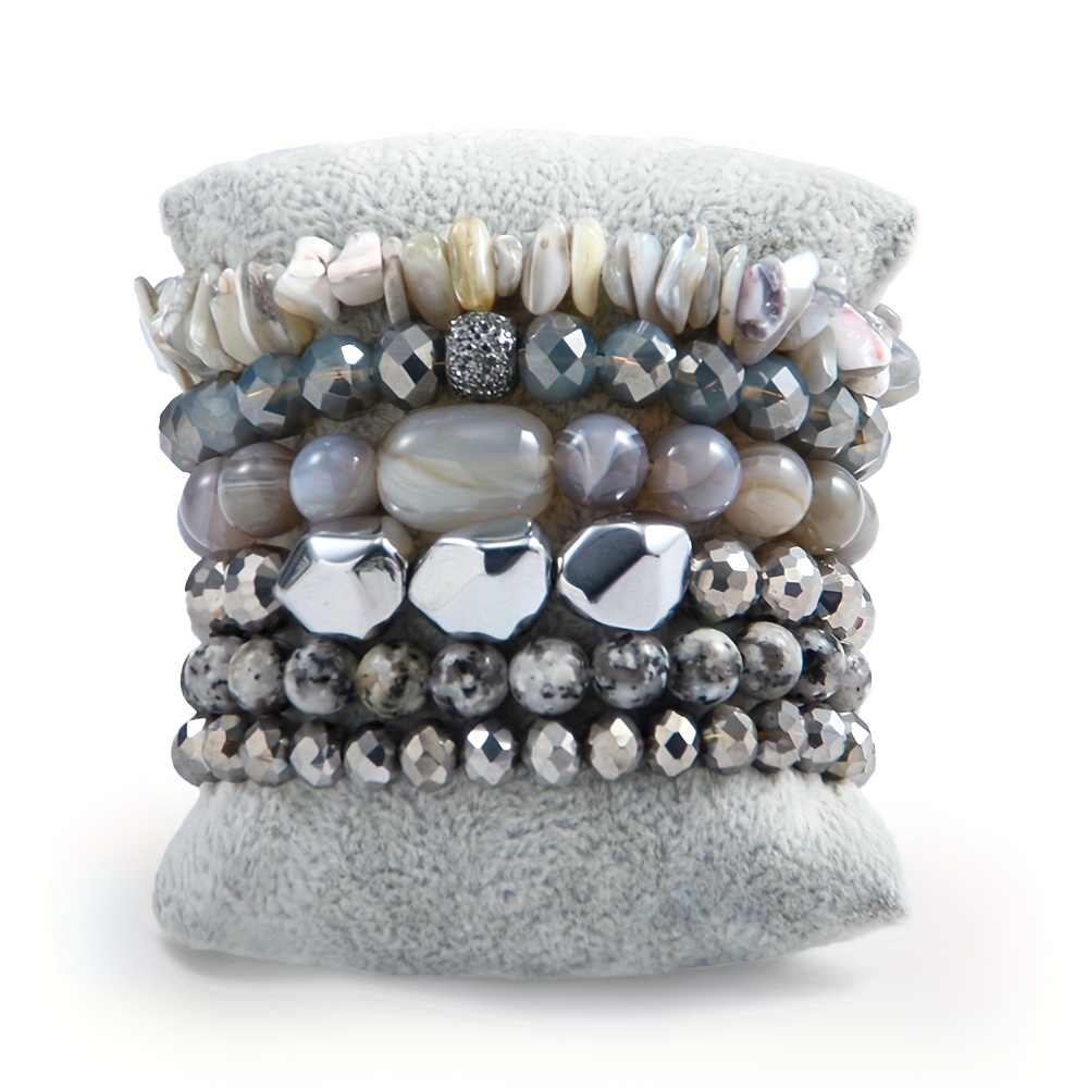 Multicolor Beaded Stackable Bracelet Set Boho Style Elastic 6pcs