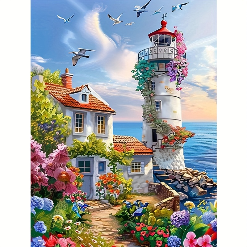 

5d Diamond Painting Kit Lighthouse And Floral Garden Scene - Complete Diy Round Diamond Embroidery Set With Tools, Landscape Mosaic Art For Home Decor - Canvas Wall Art Gift 30x40cm