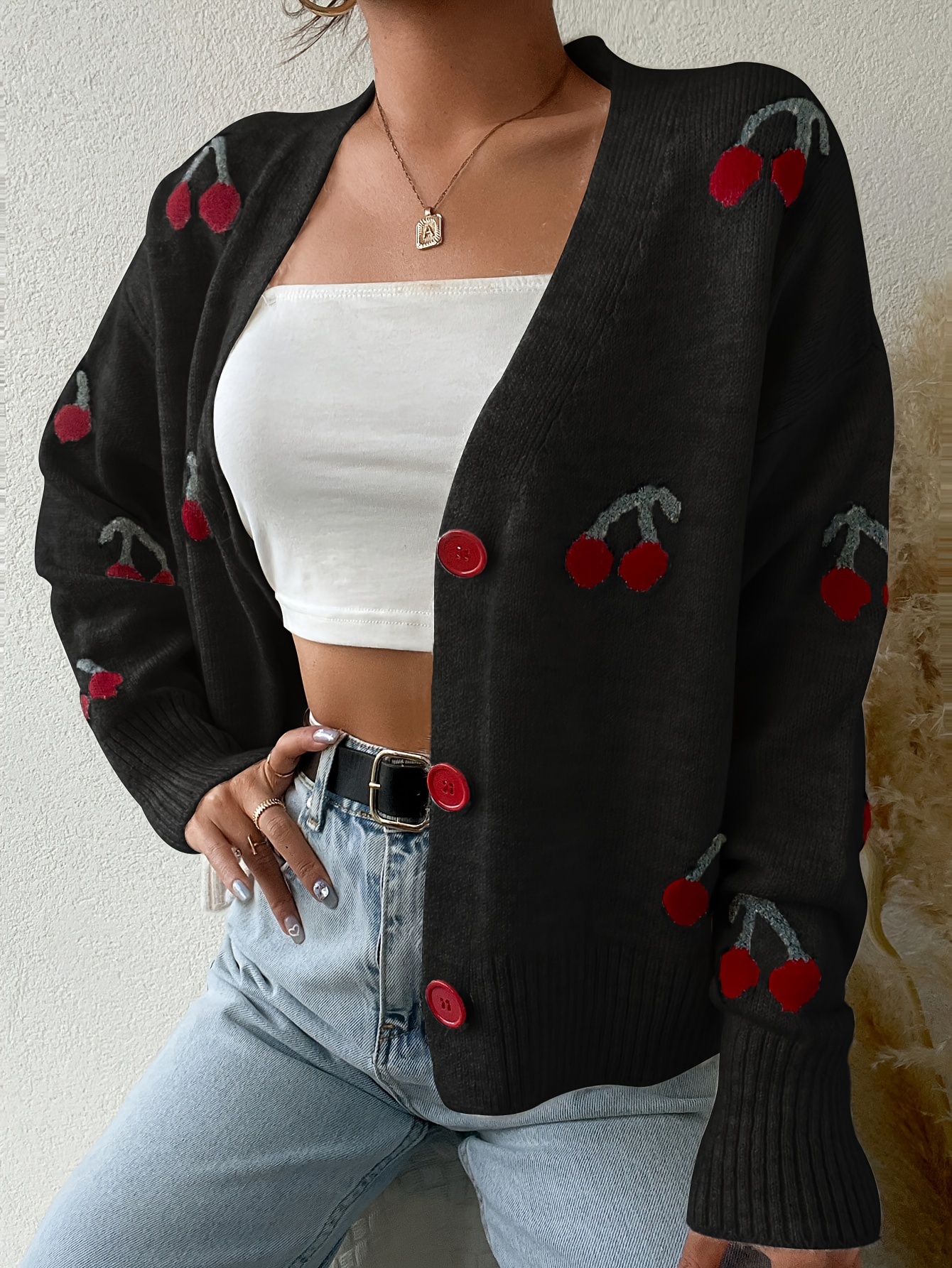 Women's Oversized Cherry Print Cardigan Sweater Jacket with Front  Pattern on White, Cozy Fall Winter (M