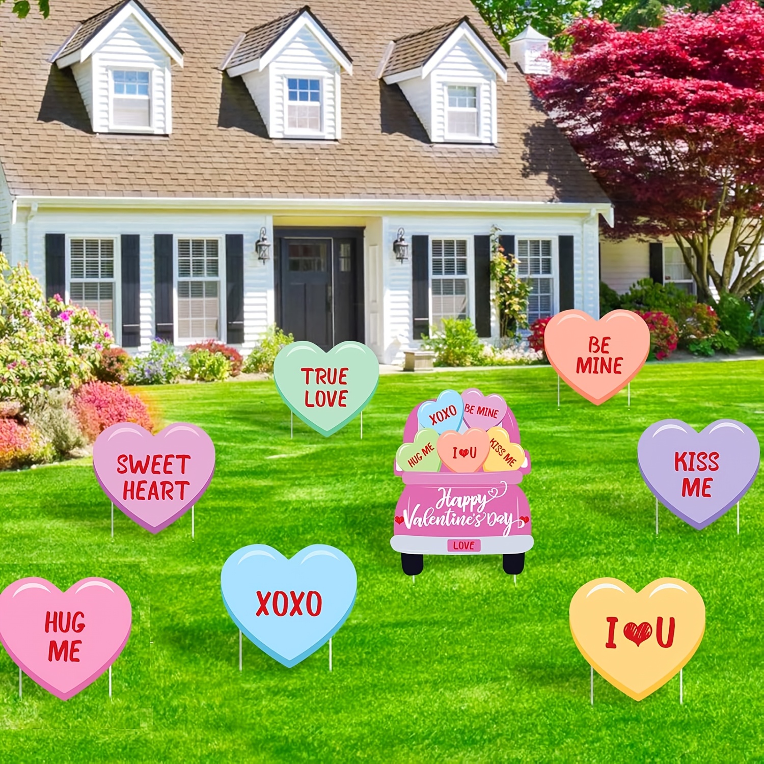 

8pcs 's Day Heart-shaped Yard Signs Set, Love Themed Plastic Floor Mount Decorations With Candy Quotes For Outdoor Lawn, Wedding Bridal Shower Supplies, Garden Decor Without Electricity