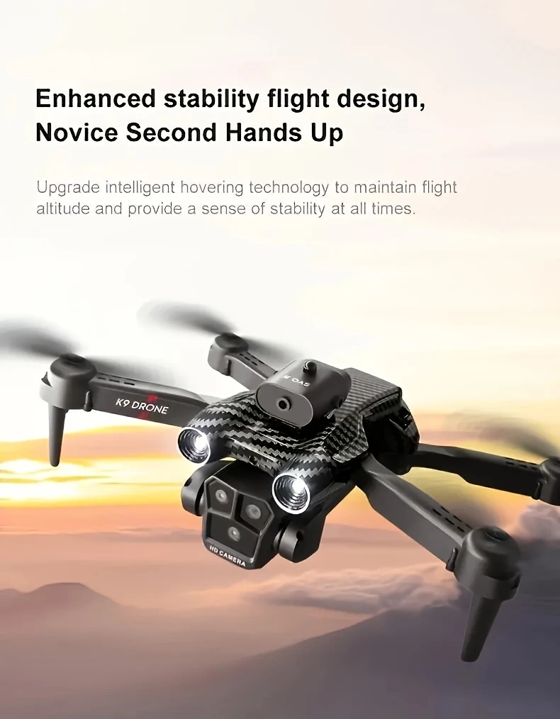 k9 max four axis   3 cameras and 360 obstacle avoidance   positioning   hover one click   landing   function foldable remote control   details 2