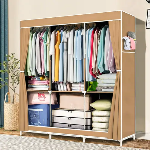 portable wardrobe storage closet with oxford cloth fabric hanging sections side pockets durable easy to assemble dustproof cover ideal for clothes bedroom organization brown accessory storage clear front panel metal frame construction clothes organizer storage