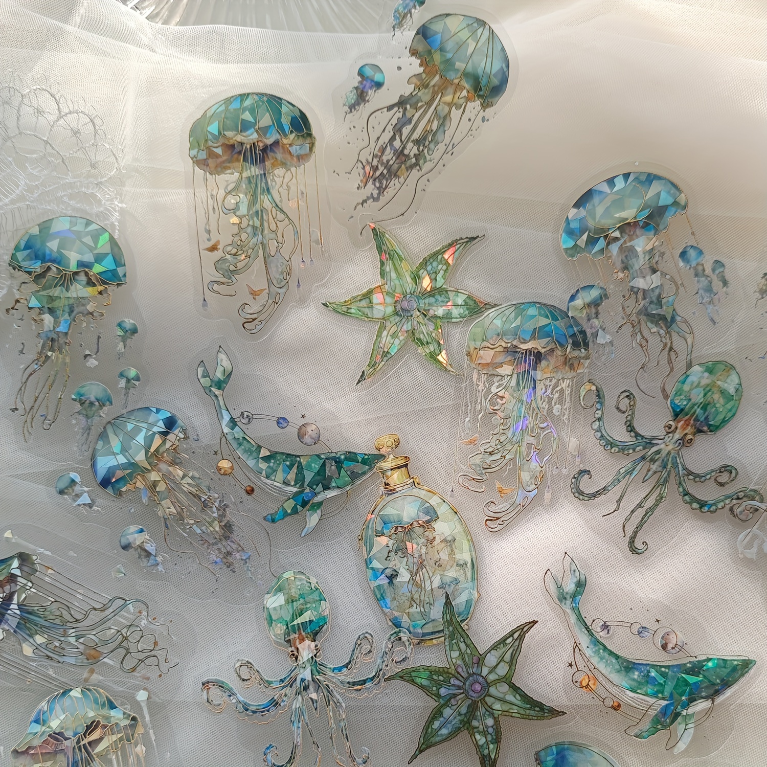 1pc Of 20 Sheets Jellyfish Octopus Wishing Bottle Pet Sticker Decor Hand Account Shell Glossy Material Stickers
