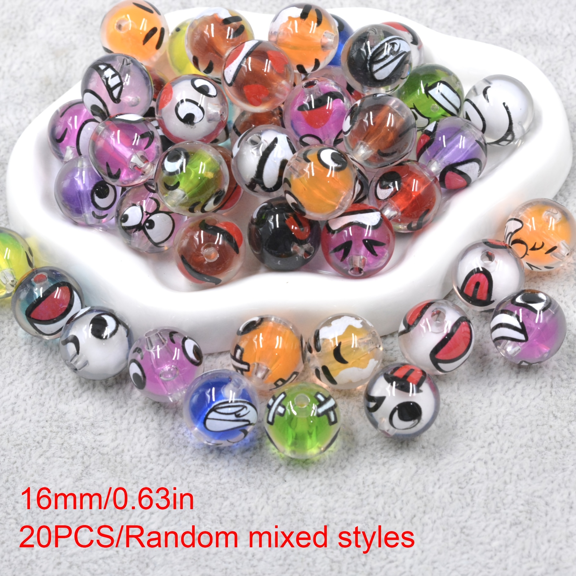 TEMU 32/20 pièces Perles rondes acryliques imprimées Bubblegum de 16 mm, perles amusantes pour décoration de bureau, perles en vrac pour DIY,