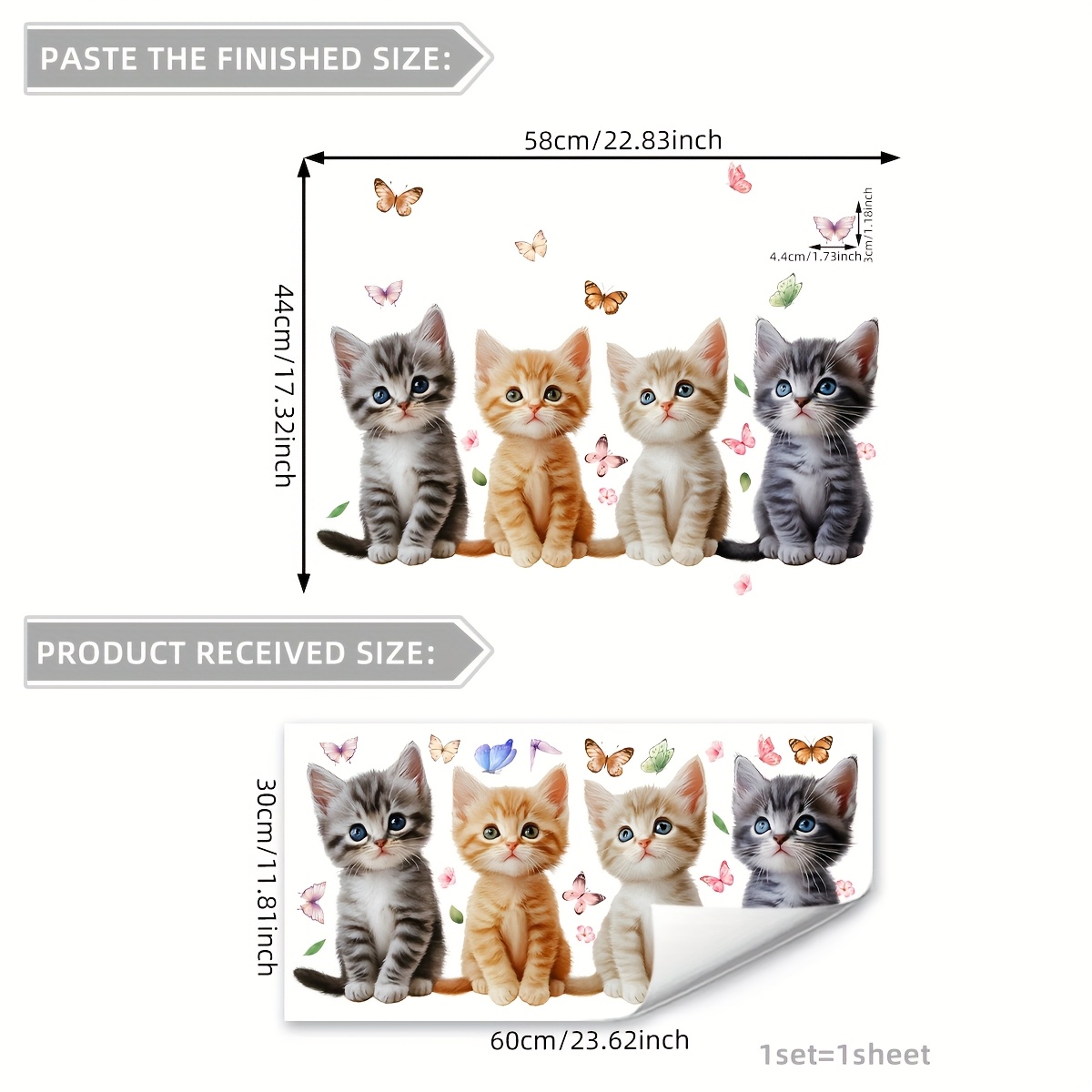 Image of Everyday ] Adorable Kittens And Butterflies Electrostatic Glass Decal, Dual-sided 30x60cm - Pvc Window Cling For Living Room And Bedroom Decor
