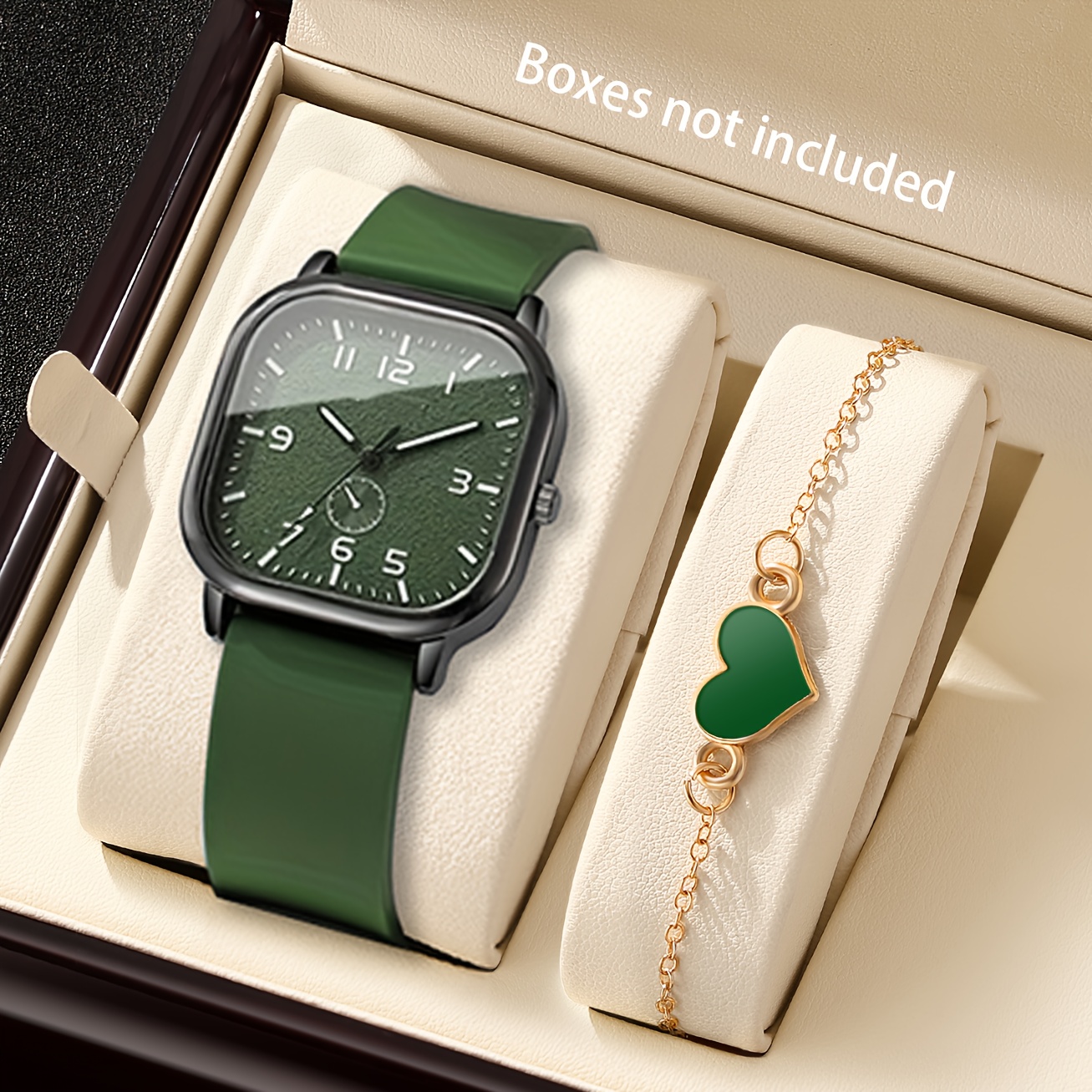 Image of 2pcs Set: Simple Square Casual Women's Wristwatch, Square Design, Silicone Strap, Heart Bracelet, Valentine's Day, Christmas, Teacher's Day, Birthday Gift, Ideal Back-to- Present