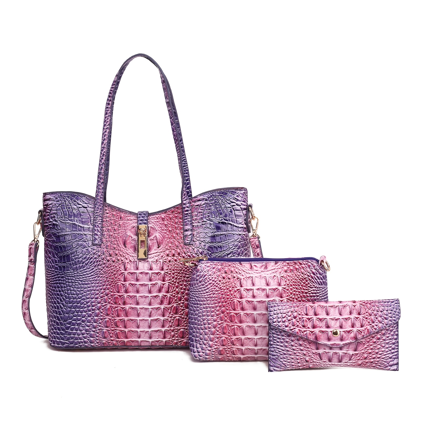 TEMU 3pcs Women's Tote Bag Set, Ombre Gradient Blue Green Crocodile Embossed Handbags, Large Capacity Shoulder Tote, Crossbody Purse And Matching