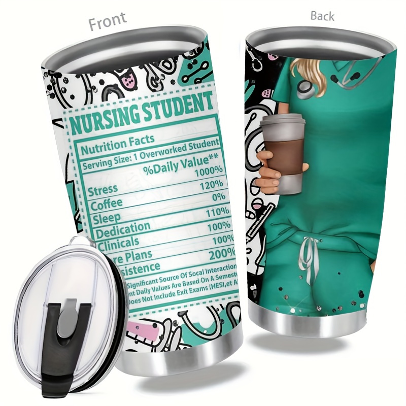 

1pc Nursing Student Nutrition Facts With Lid - 20oz Stainless Steel Insulated Water Bottle, Turquoise & Black With Illustrations, Ideal For & Daily Use, Perfect Valentine's Gift From Mom