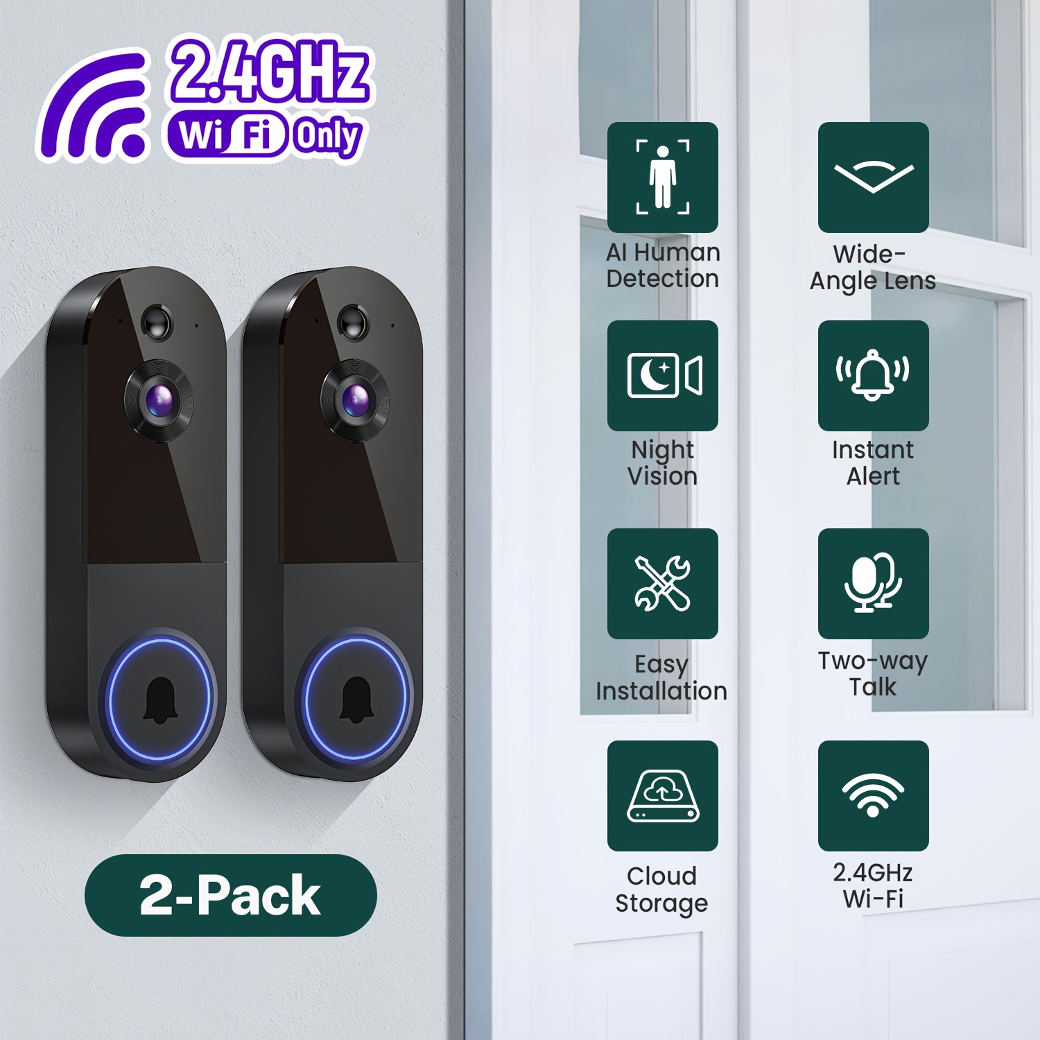 TEMU 2pcs Wireless Video Doorbell Camera, 2.4ghz Wifi Only, Ai Human Detection, , Night Vision, Cloud Storage, Battery Powered, , Surveillance Camera