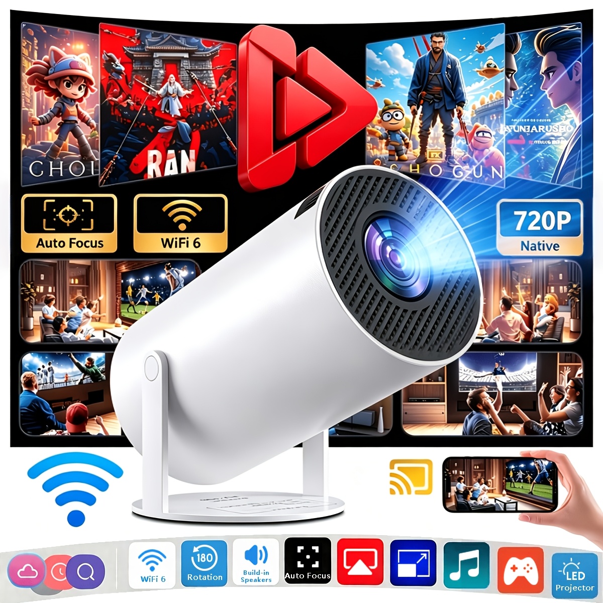 TEMU Mini Projector With Wifi And Bt, Native 720p Portable Projector, 180° Rotatable Stand, Auto Keystone, Dust Removal And Heat Dissipation Design