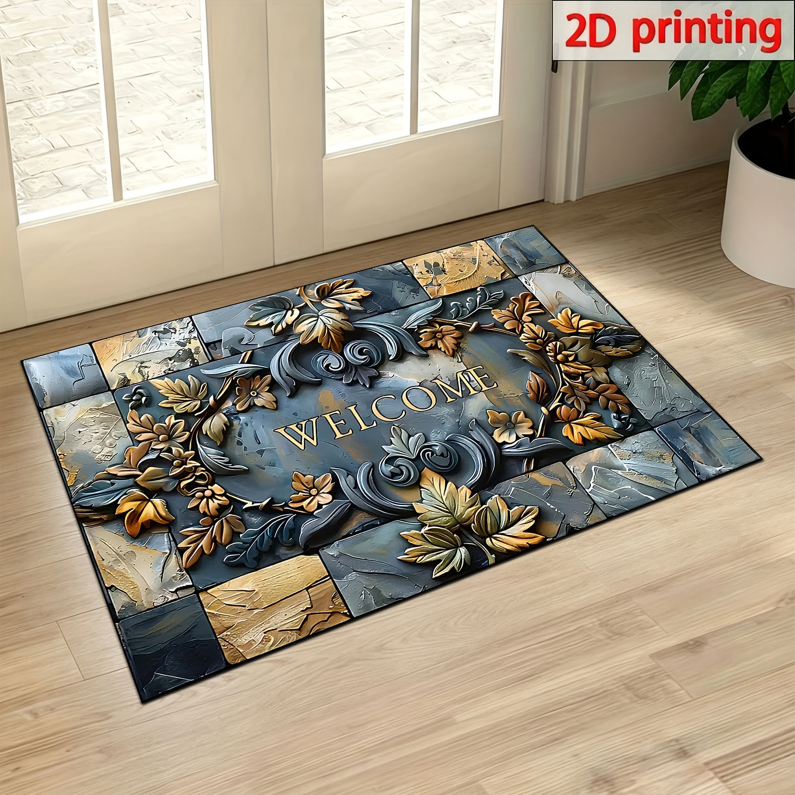 Image of 2d 1pc And Plant Embossed Welcome Mat - Non-slip, High Quality, Machine Washable Polyester Mat, Suitable For Home And Outdoor Decor- For Entryway, Living Room, Bathroom