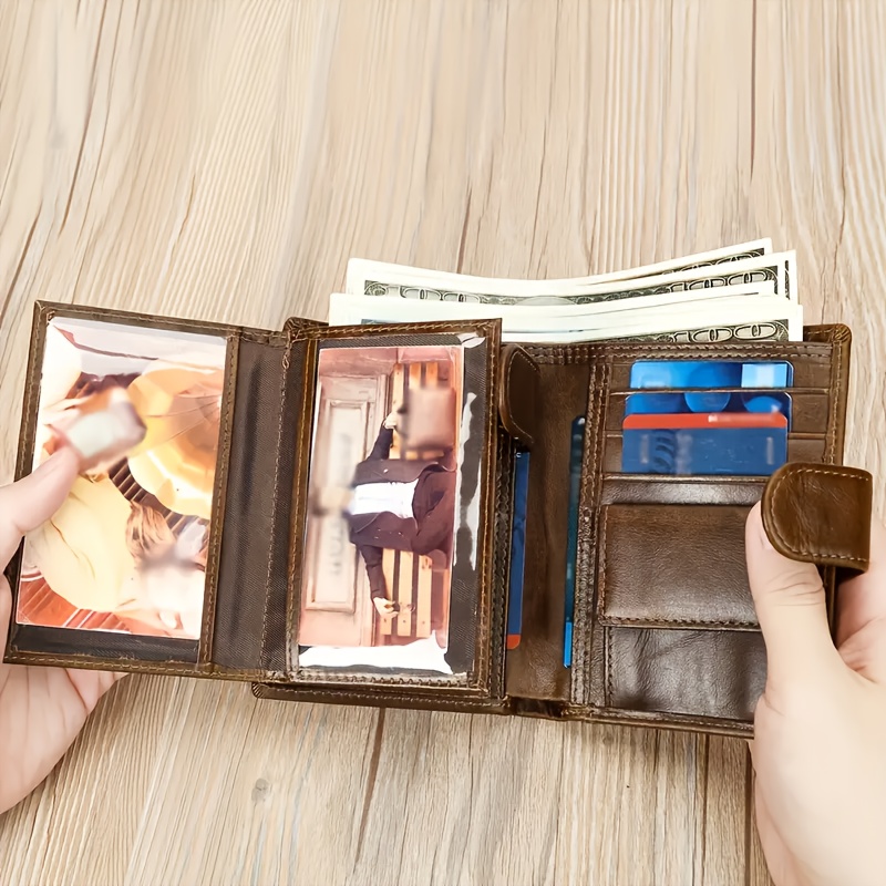 

Men' Trifold Wallet, Top-grain Cowhide Leather, With Detail, Large Capacity Card Holder, Non-braided, Ideal Birthday Gift