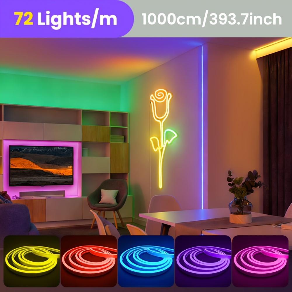 TEMU 10m-30m Rgb Led Neon Rope Lights With App/remote Control, Ip67 , 72 Leds/m, 16 Million Colors, Multiple /music Sync Lighting For Bedroom Indoor