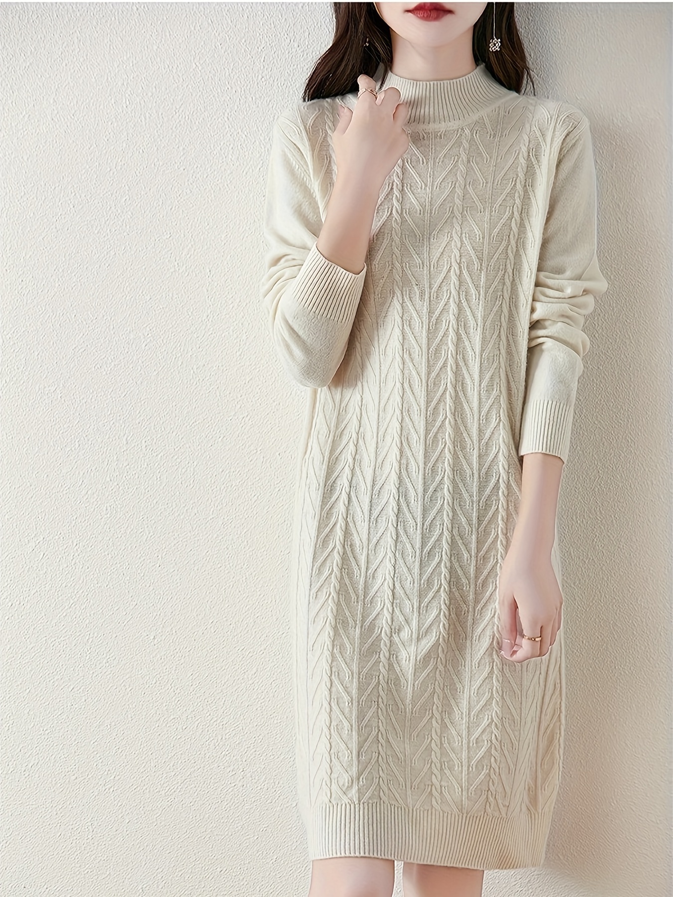 medium length half turtleneck cable sweater dress new autumn - Temu Oman