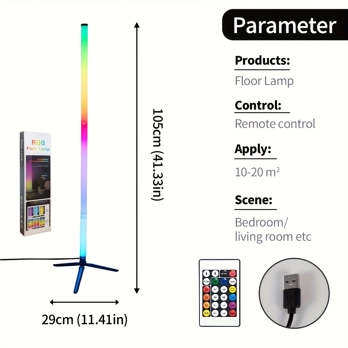 TEMU RGB LED Eck-Stehlampe, ferngesteuerte farbwechselnde Gaming-Leuchte, USB-betriebene Steh-Stimmungslampe für Schlafzimmer, Wohnzimmer, -Raum,