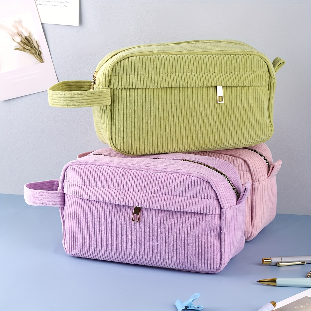 

1pc, Pencil Case Corduroy, Large Capacity Pencil Cases, Stationery Solid Supplies Pencil Cases, Pink Corduroy Pencil Case, Back To School, Stationery