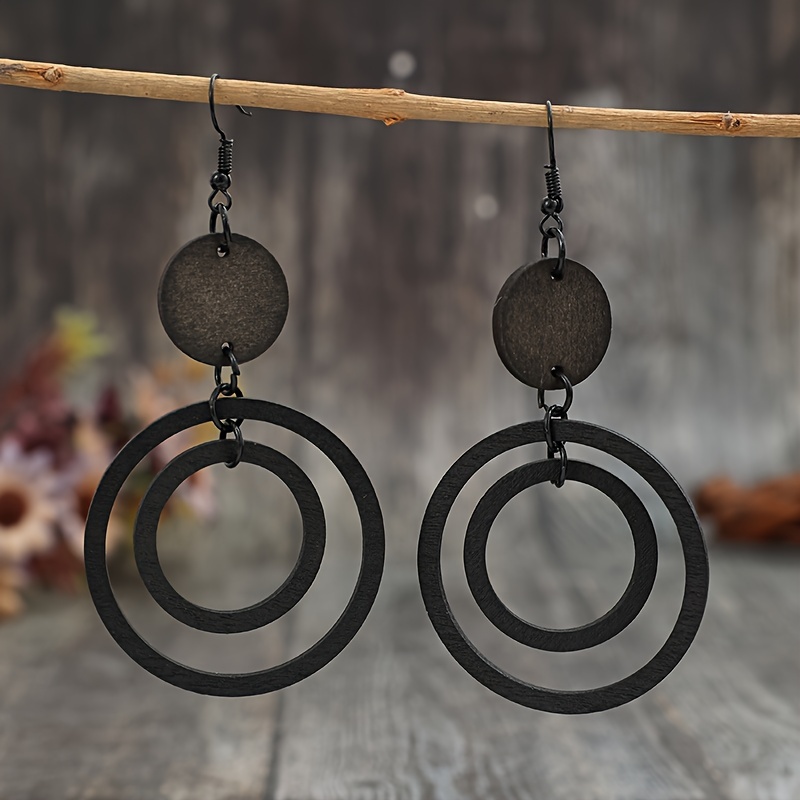 

Vintage Style Wood Drop & Dangle Earrings With Double Circle Design, Iron Ear Hooks, No Plating, Chic Handcrafted Wooden Fashion Accessory For Daily Wear - All Seasons Compatible