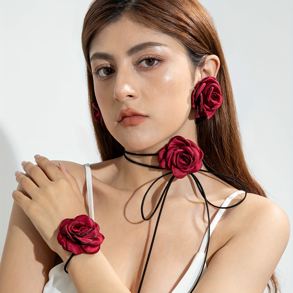E-shop 3-teiliges Schmuckset im eleganten Vintage-Stil mit roter , Halskette mit Bindebändern, Ohrringen Armband, geeignet für Damenabschlussball,