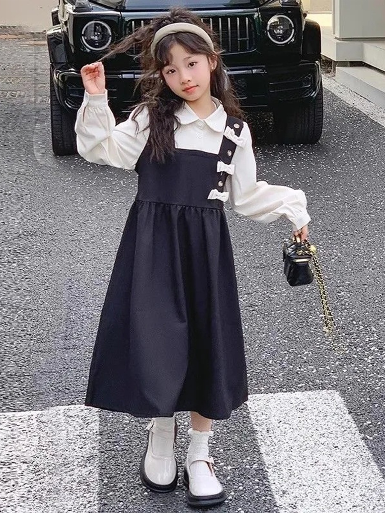 girls preppy style dress with   two-piece design - long sleeve, black & white contrast, bow detail,   spring & fall, casual to formal wear, casual dressing | contrast color dress |   dress Product details 0