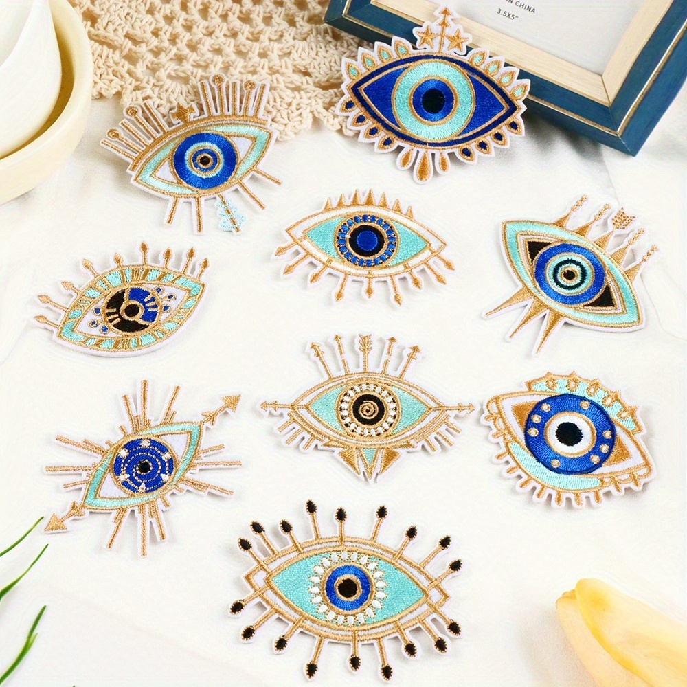 Image of 9pcs Set Of Evil Eye And Mystery Eye Embroidered Hot Stamping Patches, Suitable For Diy Jeans, Jackets, Backpacks, Hats, And Shoe Decorations
