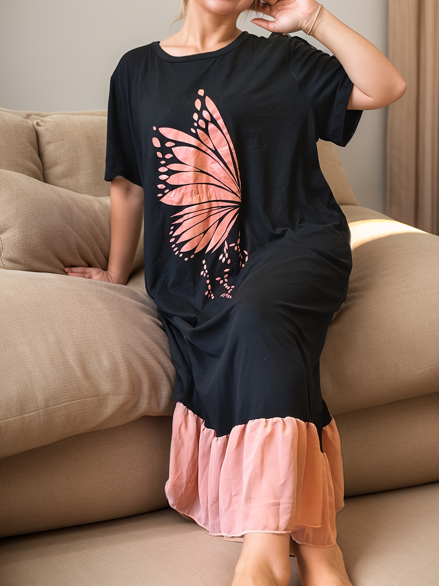 Cozy Plus Size Women's Sleep Dress - Vintage Butterfly Print, Short Sleeve & Long Skirt Lounge Robe, Machine Washable, Autumn Winter, Home Wear