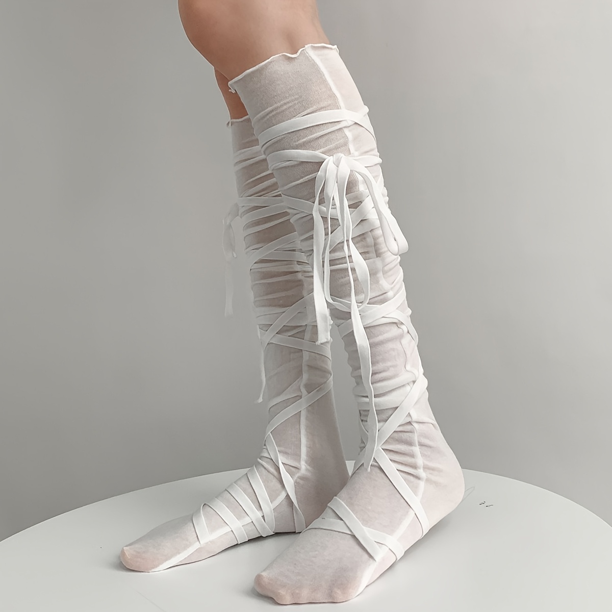 TEMU 1 Pair Women's Calf Socks With Ties, Breathable And Absorbent, Cute Spring Summer Fall