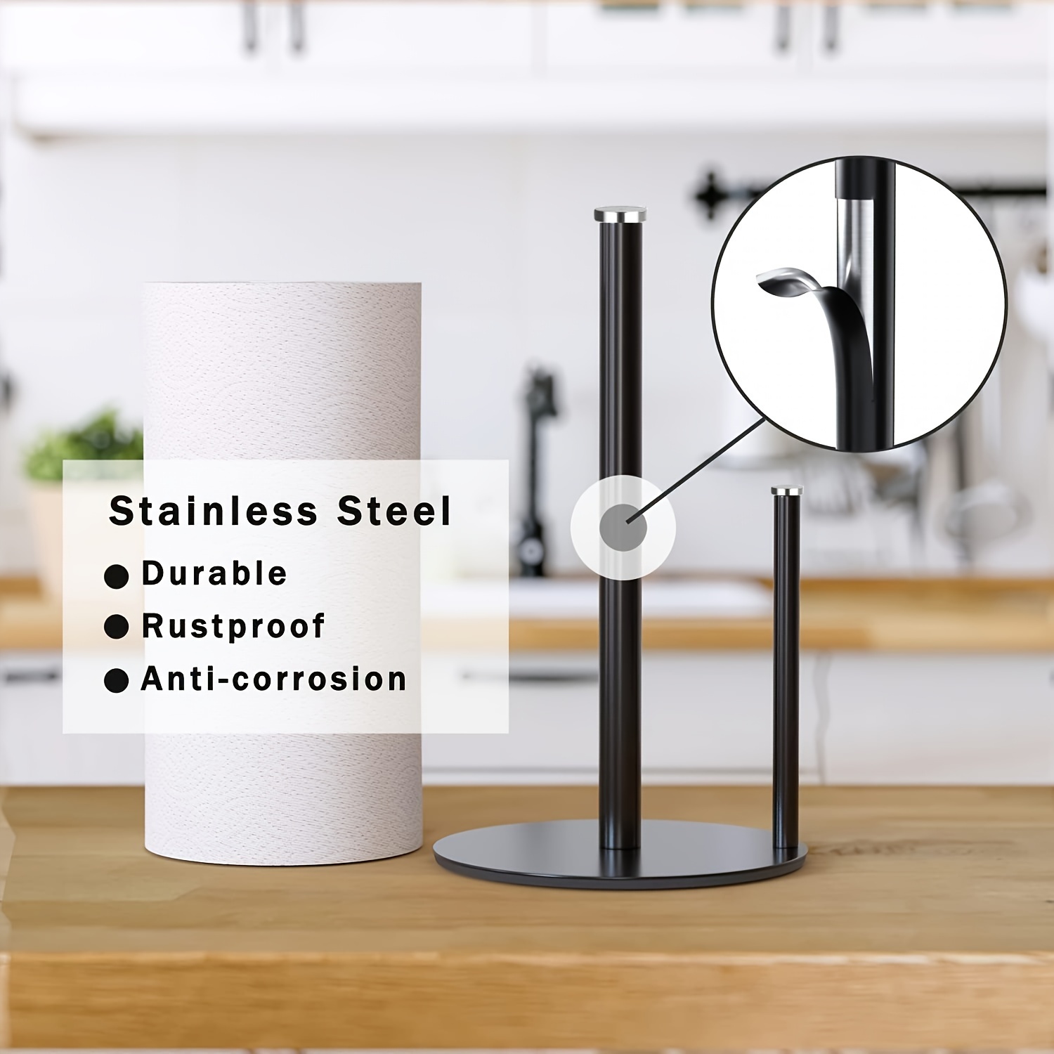 

1pc Stainless Steel Paper Towel Holder, Durable Rustproof Anti-corrosion, Vertical Kitchen Roll Stand With Dual Rod, Black Tabletop Dispenser