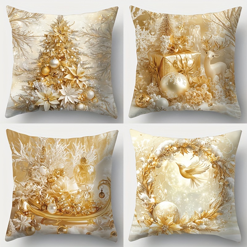 

4pcs Set Christmas Pillow Covers - Snowman, Tree, Deer & Designs | Soft Polyester, Zip Closure | Living Room Sofa Decor | Machine Washable | 17.72" Square, Waist , Without Pillow