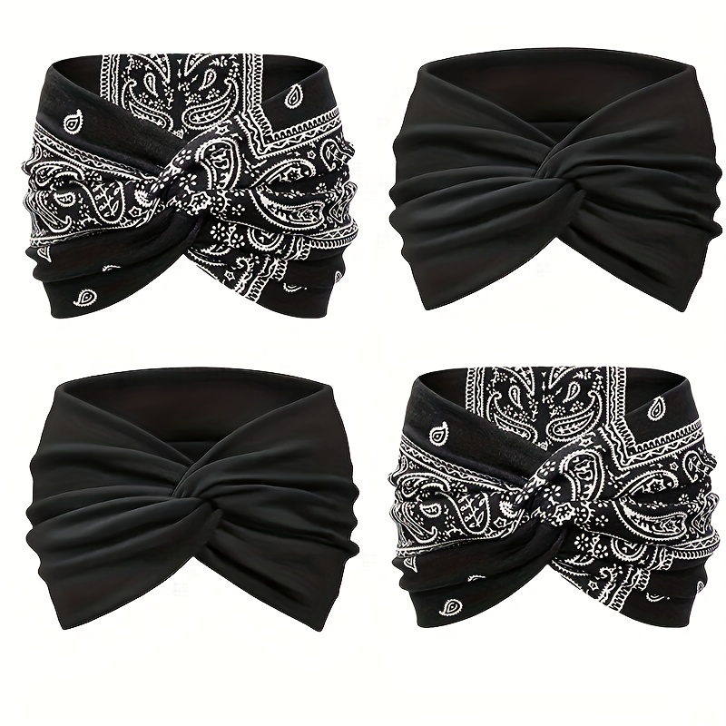 TEMU 4pcs Women's Bohemian Headbands - Twist , Solid Color With Bow & Leopard/animal Print, Breathable Polyester For Yoga, Running, Workouts & Casual