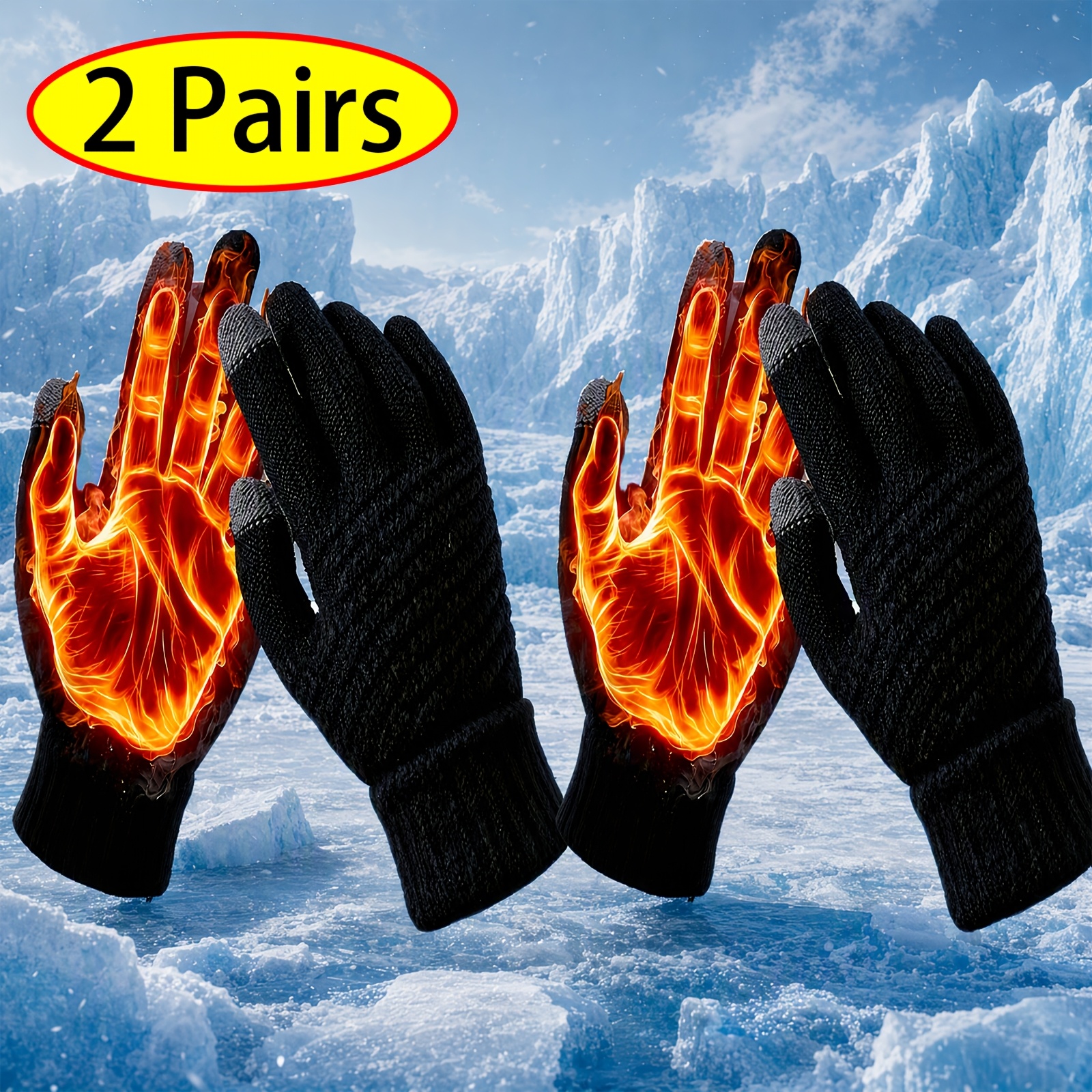 TEMU 2pairs Men's Thermal Winter Gloves, Touchscreen Windproof Knit, Non-slip Fleece Lined, Warm Gloves For Cold Weather Driving, Running, Cycling,