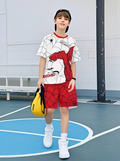 superhero pattern 3d print top short sleeve shorts two piece set girls and boys top short sleeve set for outdoor