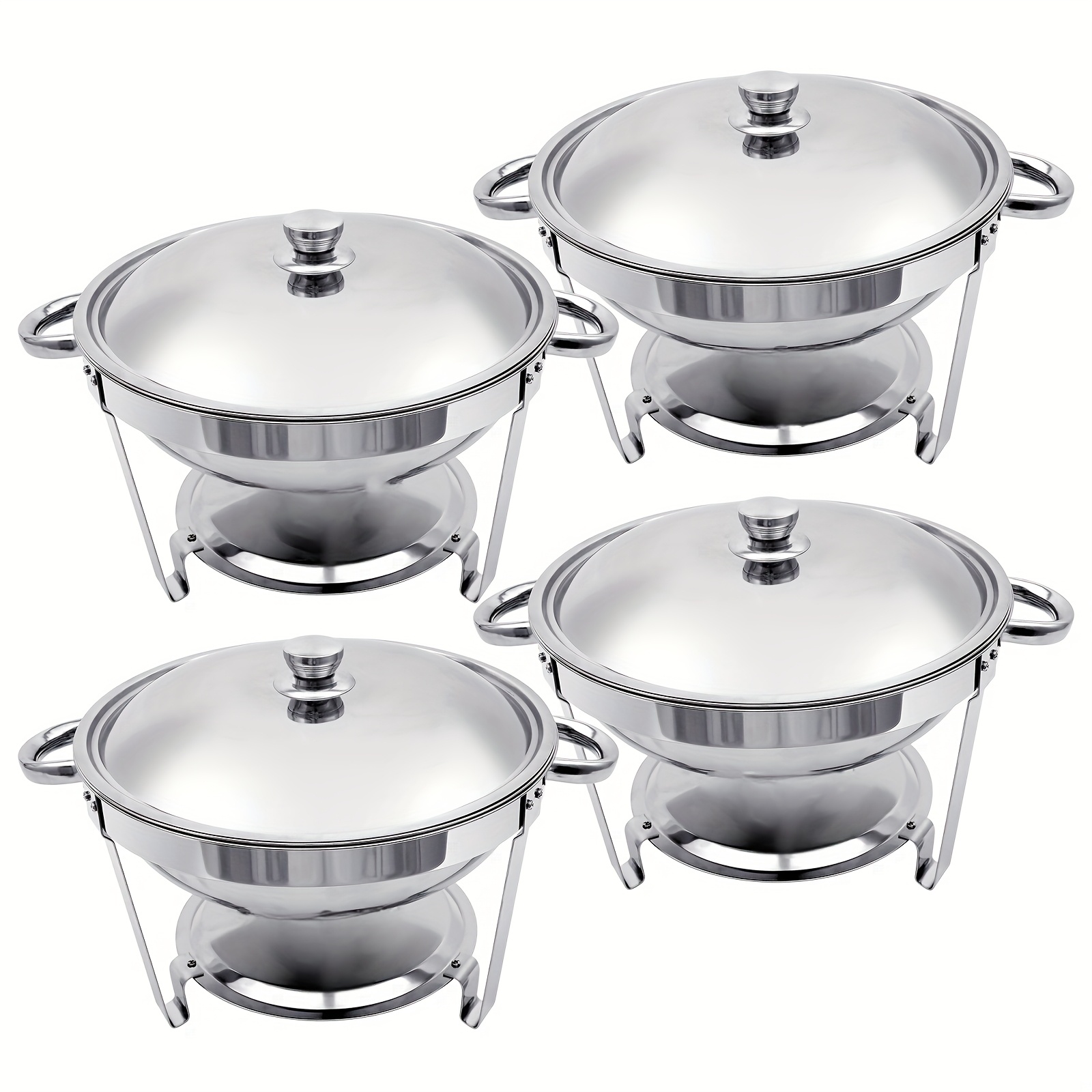 Image of Chafing Dish Buffet Set Full Size Stainless Steel, Silvery Round Catering Warmer Set With Food And Water Trays, Mirror Cover, Thick Stand Frame For Kitchen Party Banquet, 1/2/4-pack, Cooking