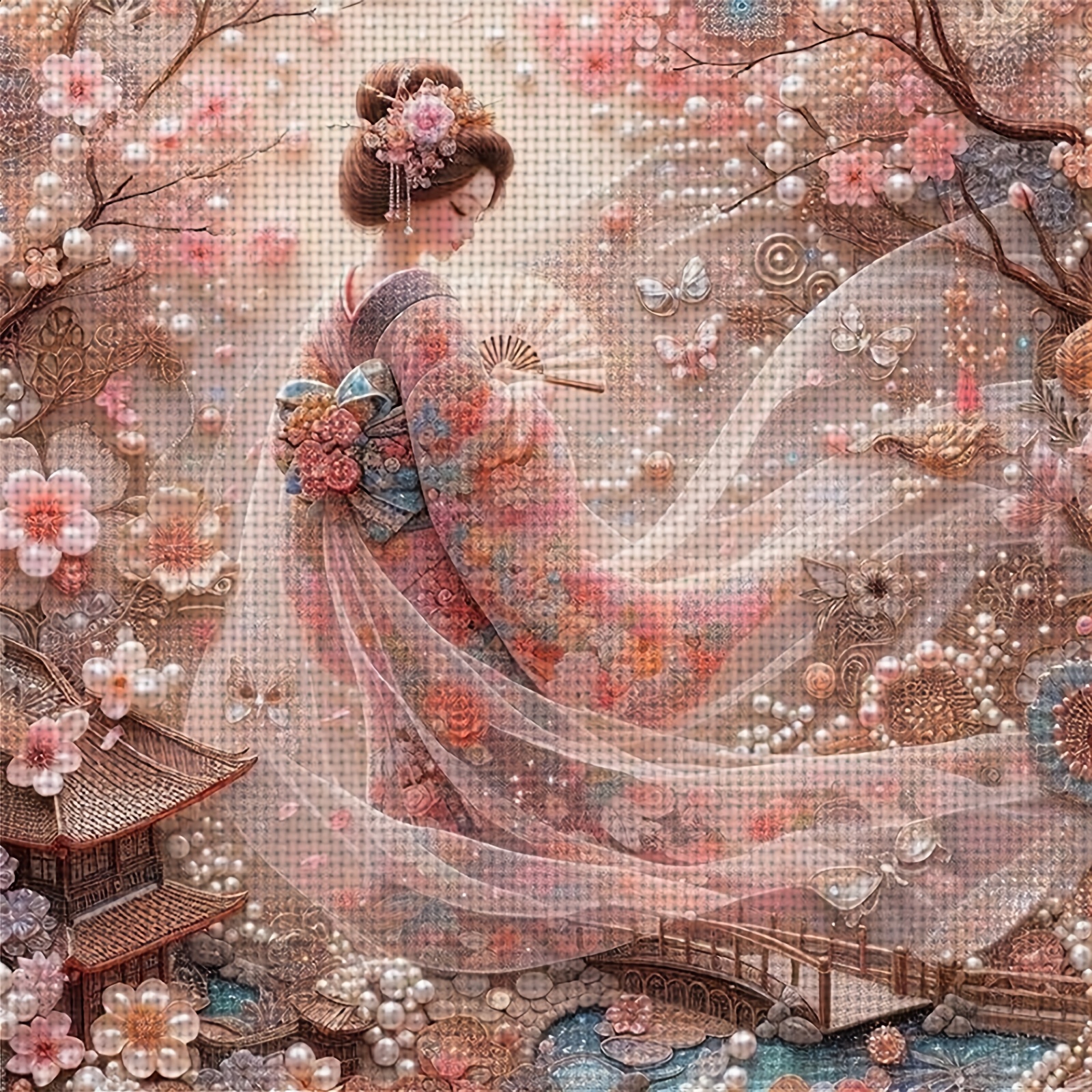 TEMU Un nouveau kit de point de croix en tissu imprimé cadre 11CT/14CT intitulé 'Scène de rêve de fille kimono', adapté aux adultes et aux débutants
