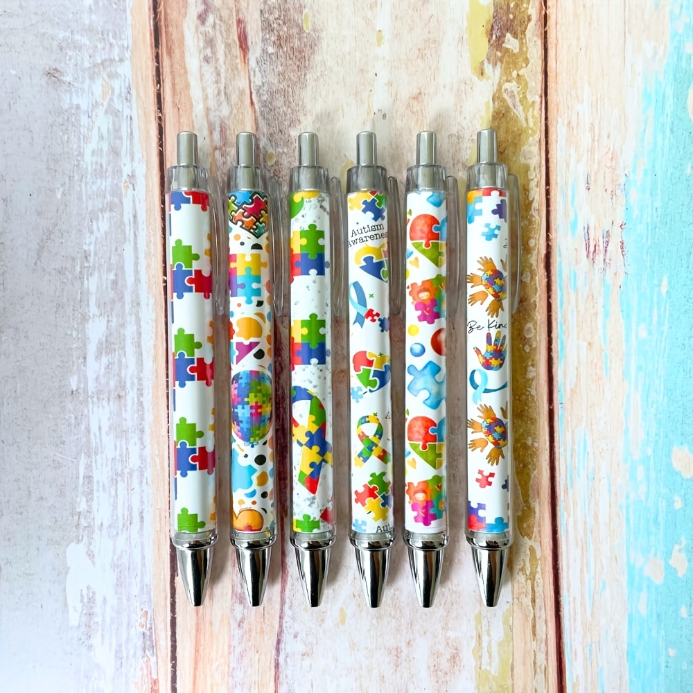 TEMU 6pcs Autism Pens Mental Awareness Pen Pencil | Polycarbonate, Quick-drying, Fine Point, Click-off | Brand, Ideal For Classroom, Office, And